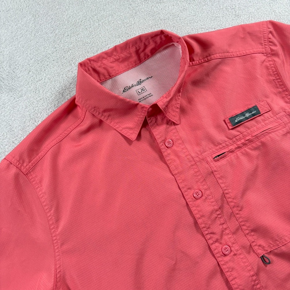 Eddie Bauer Tech Woven Shirt Mens Large Pink Vented Mesh Lined Fishing Button Up